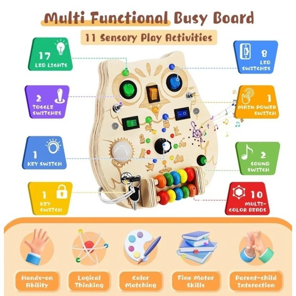 RCPLAGA Montessori Busy Board Wooden Owl Sensory Toy LED Light Switches Music